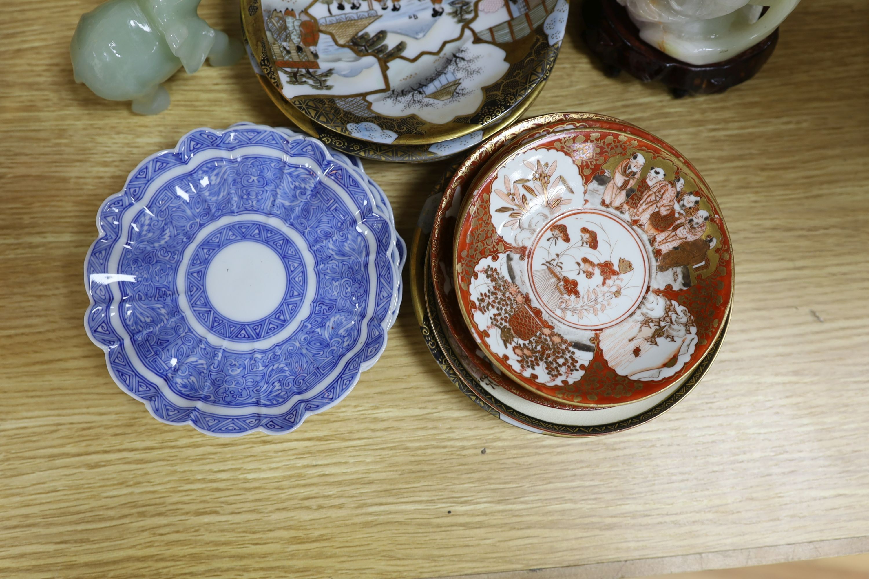Selection of various Chinese and Japanese ceramics, together with a jade elephant and bowenite figure